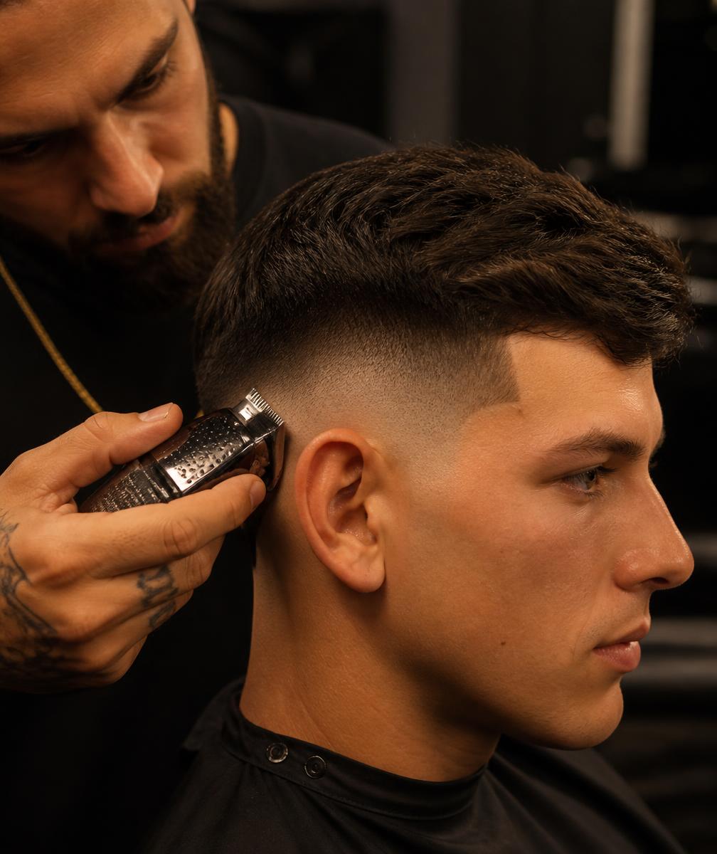 Barber finishing a skin fade at Jazzie's Barbershop